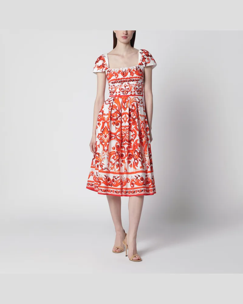 Dolce & Gabbana Baumwollpopeline-Kleid mit Maiolica-Print, orange Orange