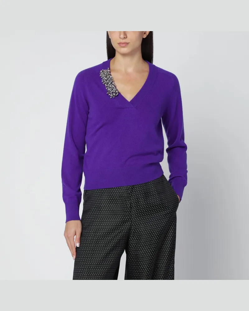 Dries van Noten Lila Kaschmirpullover mit Broschendetail Violett