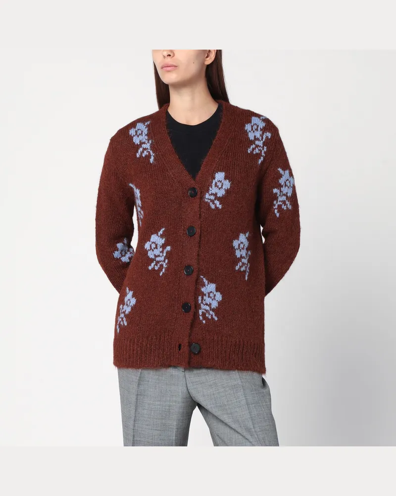 Jil Sander Braune Strickjacke mit Blumenintarsien Brown