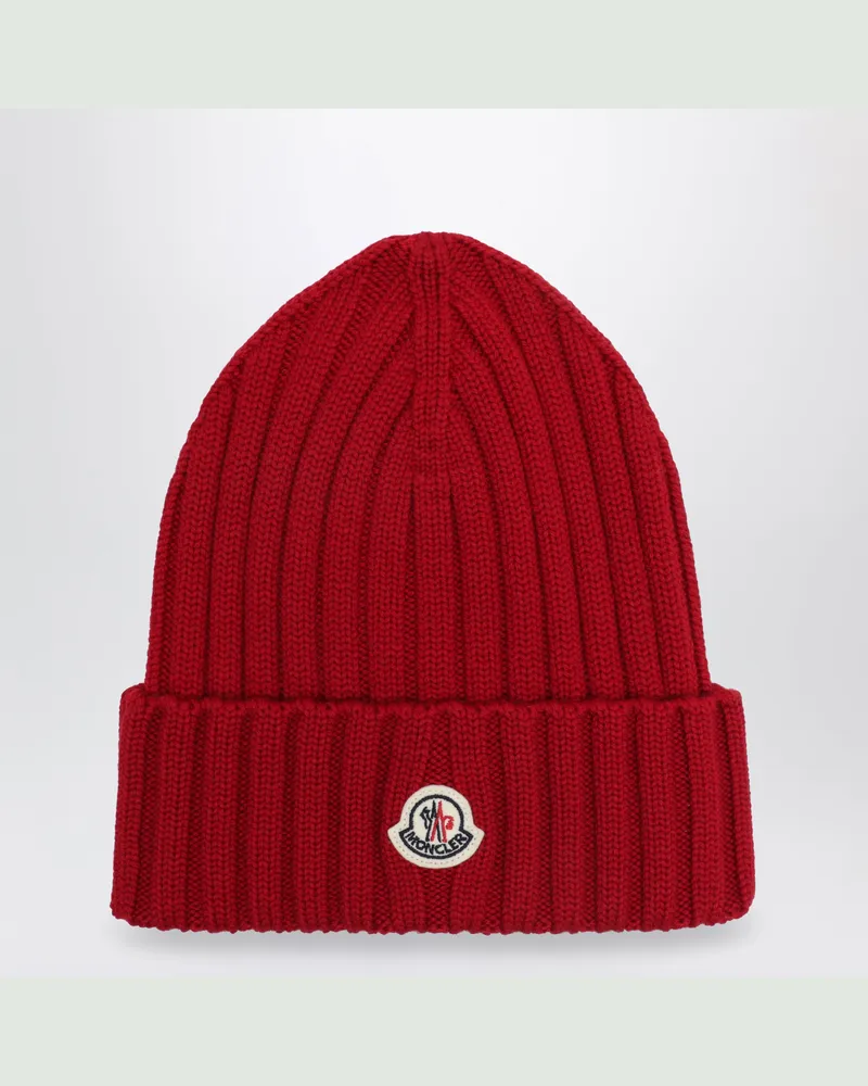 Moncler Zopfmuster-Wollmütze mit Logo in Burgunderrot Burgundy