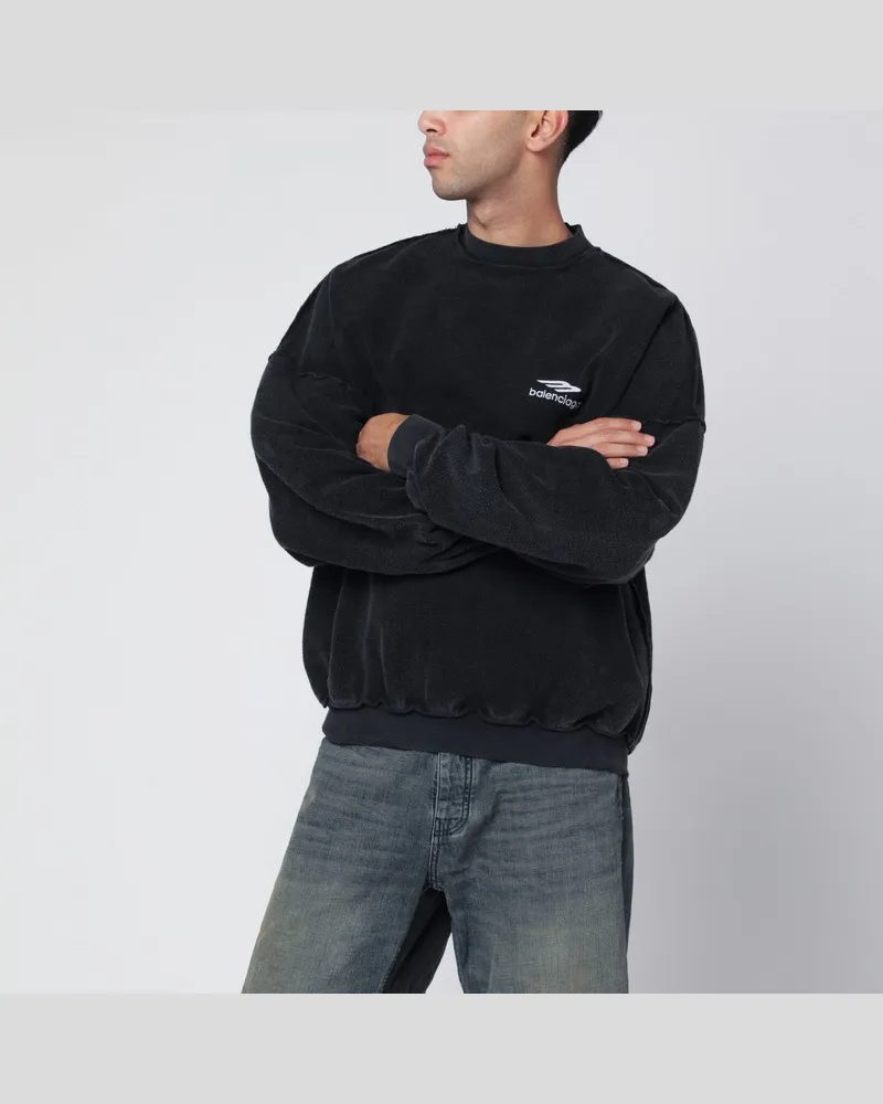 Balenciaga Ausgewaschenes schwarzes 3B Sports Icon Sweatshirt mit Rundhalsausschnitt Schwarz
