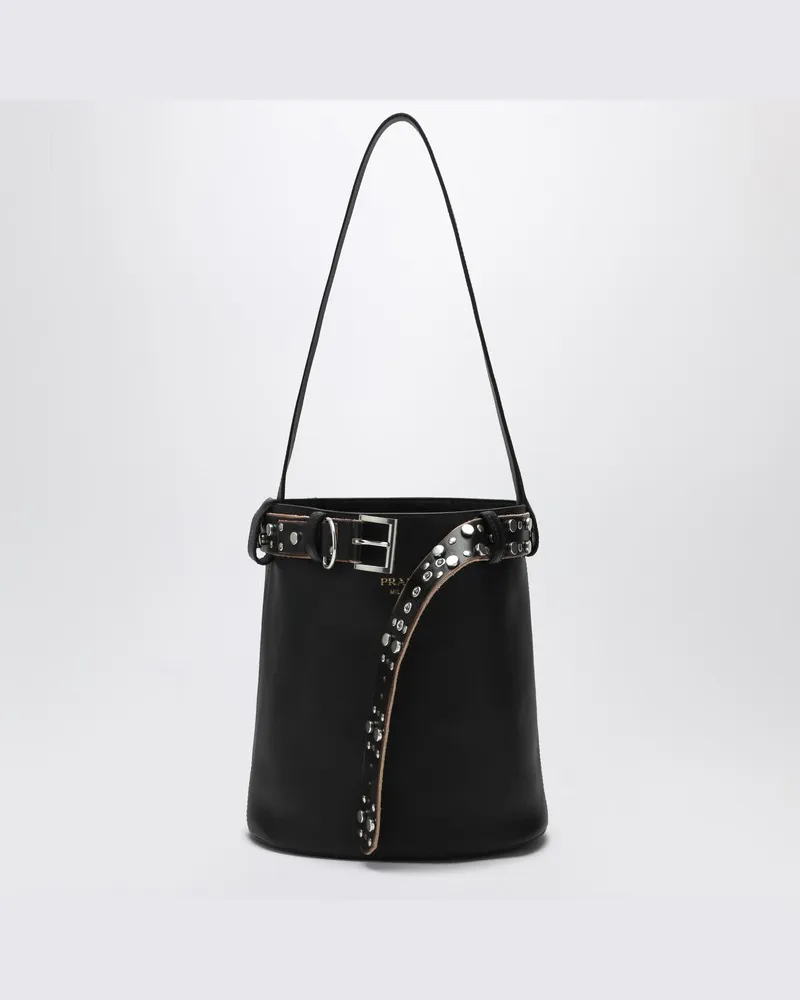 Prada Bucket Bag Buckle schwarz mit Nieten-Gürtel Schwarz