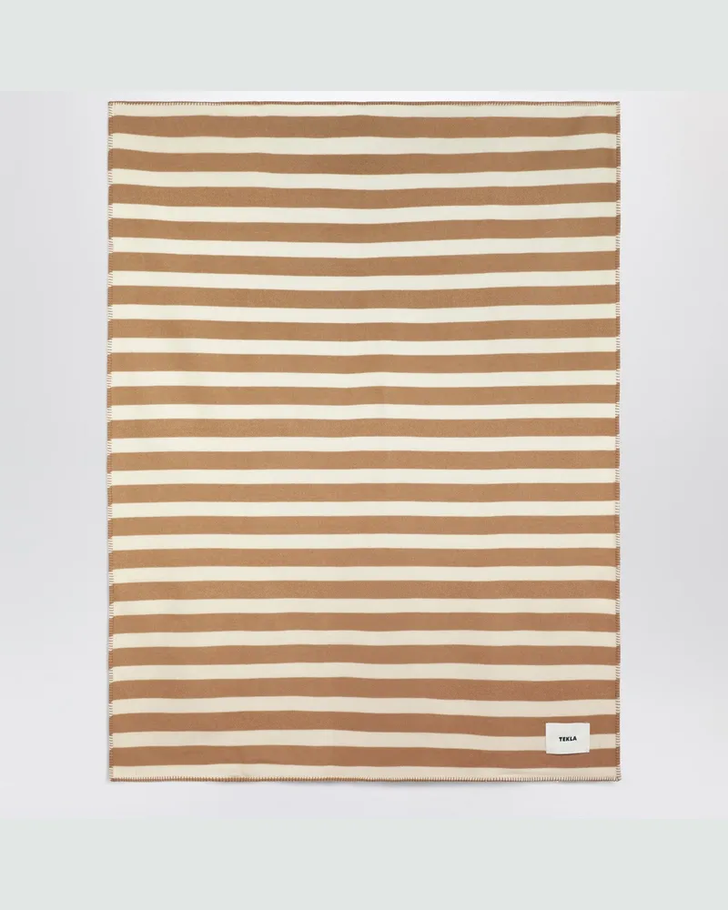TEKLA Gestreifte Wolldecke in Elfenbein und Beige 130x180 