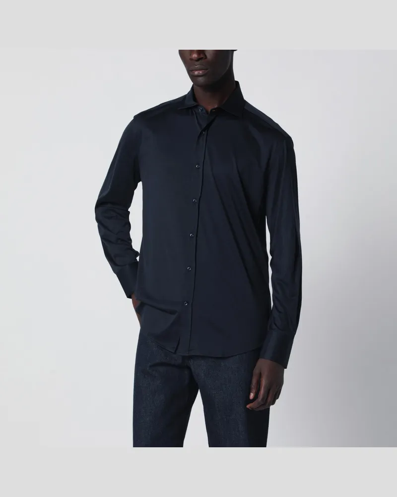 Brunello Cucinelli Navyblaues Hemd aus Seide und Baumwolle 