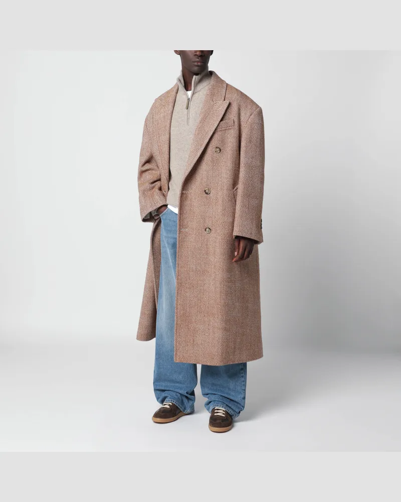 AMI Paris Langer braun-elfenbeinfarbener Fischgrät-Wollmantel Brown