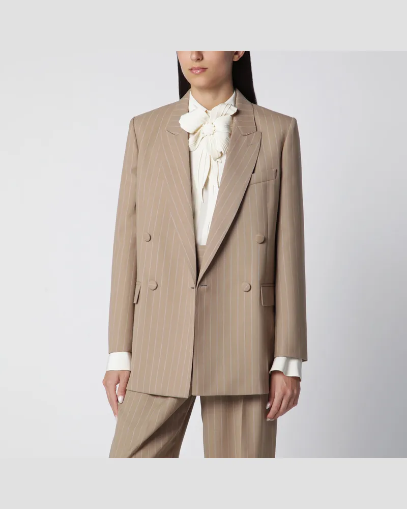 Valentino Garavani Doppelreihige Nadelstreifenjacke aus Schurwolle in Schlamm/Elfenbein Beige
