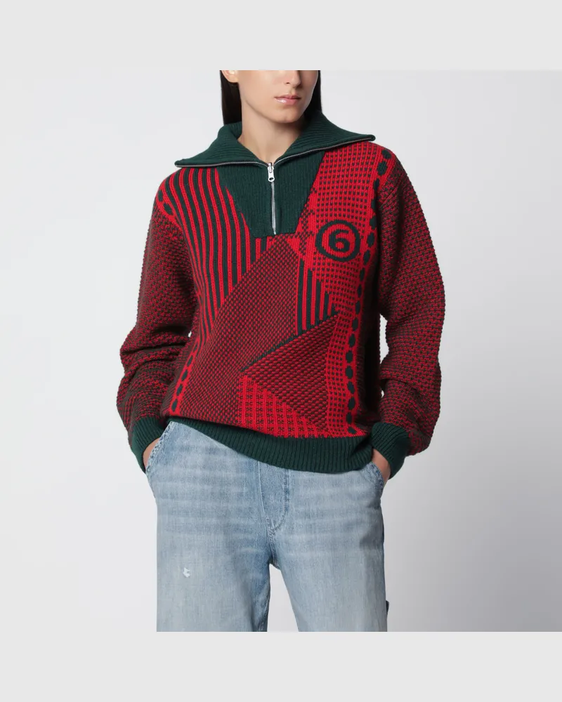 Maison Margiela Jacquard-Strickpullover aus Wollmischung in Rot/Waldgrün Green