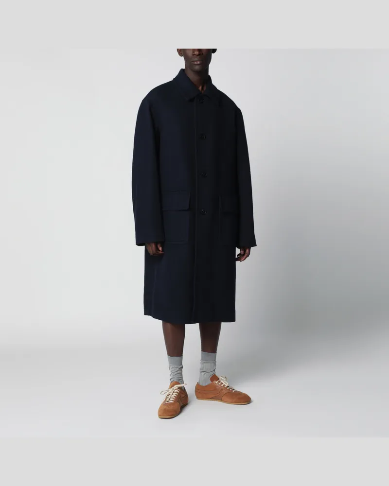Dries van Noten Einreihiger marineblauer Wollmantel Blue
