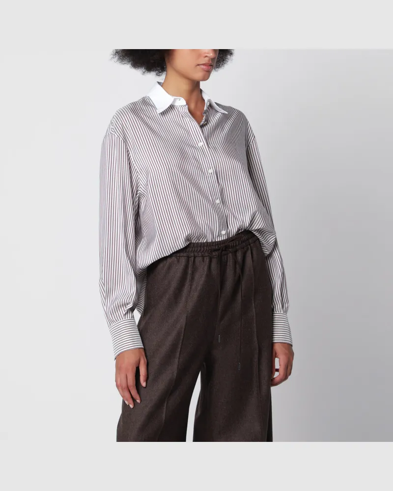Brunello Cucinelli Gestreiftes Seidenhemd in Weiß und Cabernet Multicolor