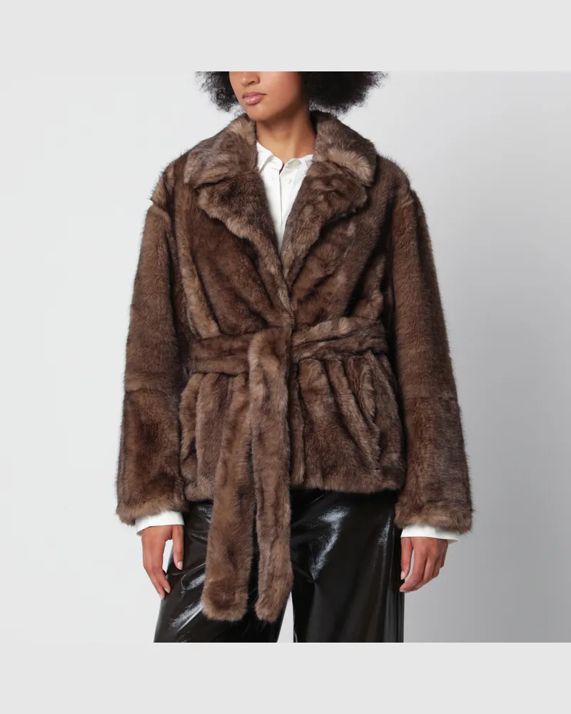 STAND Braune Silena Jacke aus Kunstpelz mit Gürtel Beige