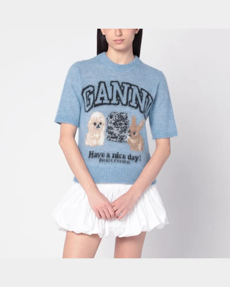 Ganni Hellblauer Pullover mit Logo aus Alpakamischung Grün