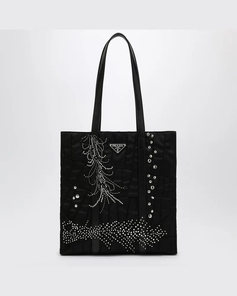 Prada Mittelgroße schwarze Shoppingbag aus Re-Nylon mit Stickerei Schwarz