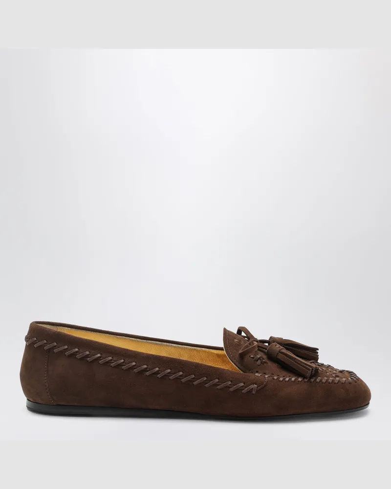 Prada Wildleder-Mokassin Cacao mit Stickereien und Quasten Brown