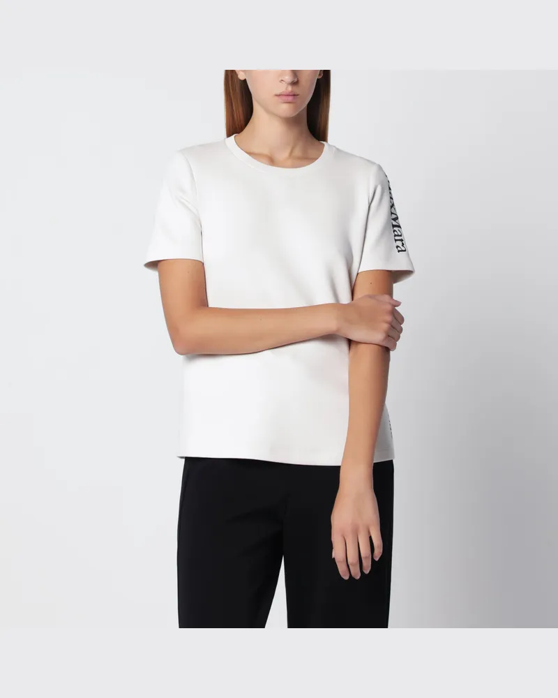 Max Mara Écru Baumwollmisch-T-Shirt mit gesticktem Logo Beige