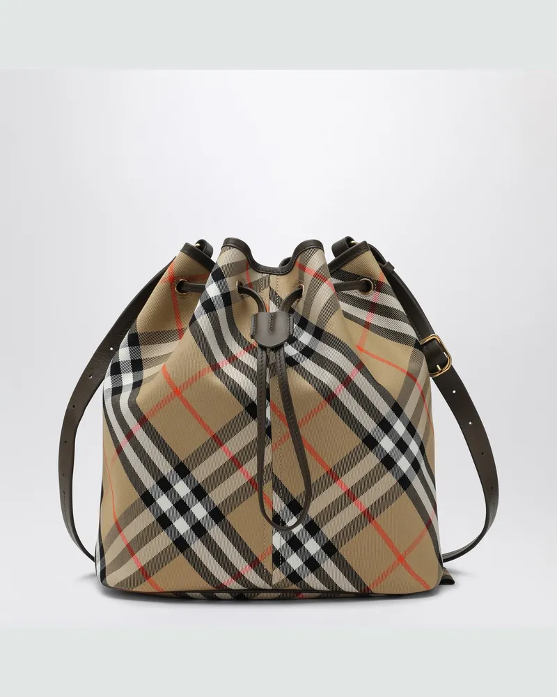 Burberry Mittelgroße beigefarbene Bucket Bag mit Karomuster Beige