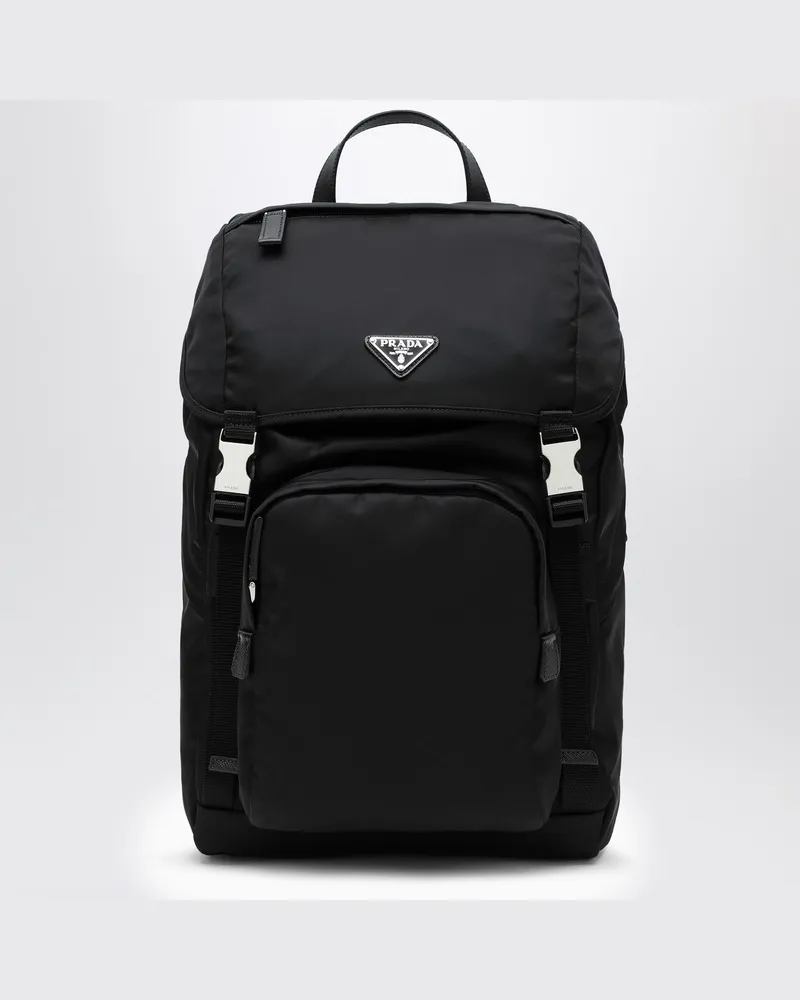 Prada Schwarzer Re-Nylon-Rucksack mit Druckknopfverschluss Schwarz