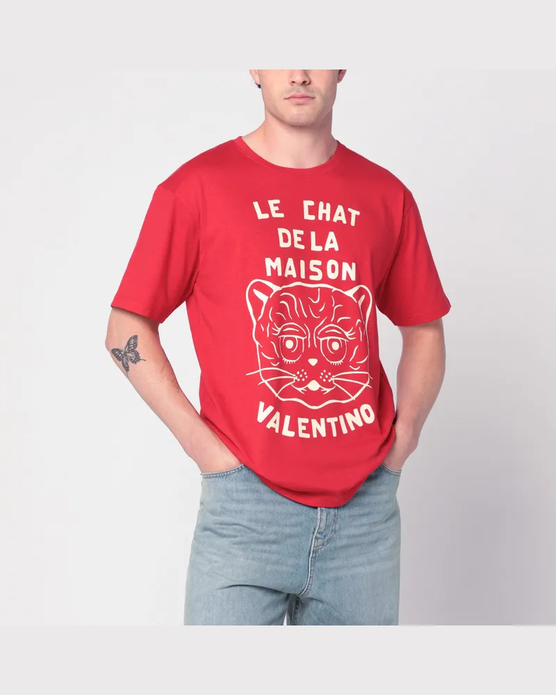 Valentino Garavani Rotes T-Shirt mit Le Chat de la Maison-Druck Red