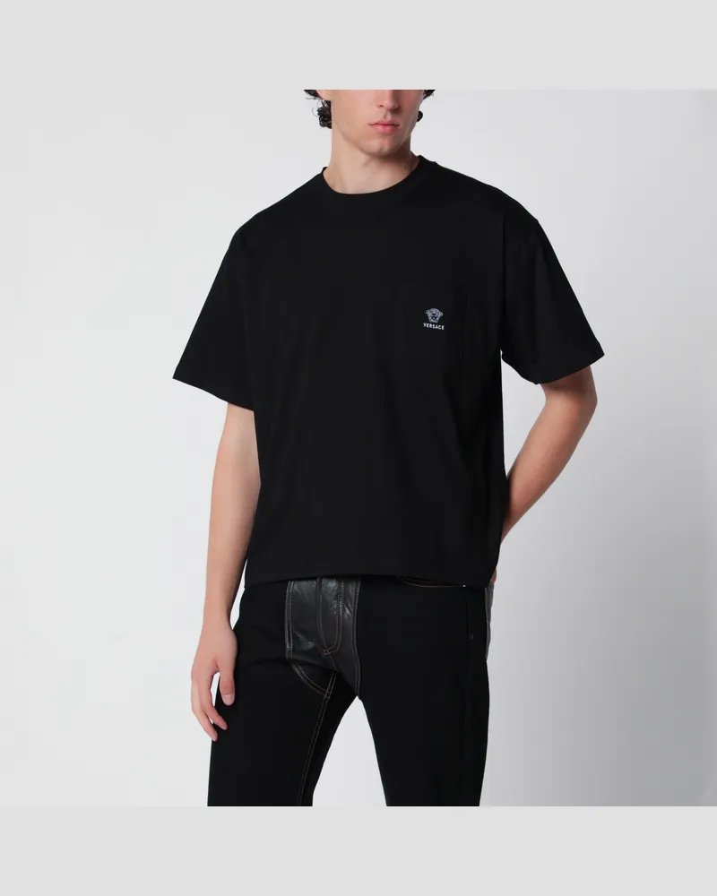 Versace Schwarzes T-Shirt aus Baumwolljersey mit Medusa-Stickerei Black