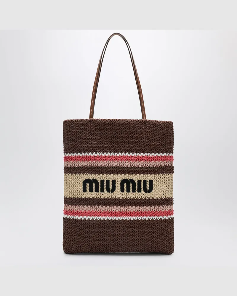 Miu Miu Shoppingtasche aus Raffia-Effektgarn Tabak/Erdbeere/Natur Brown
