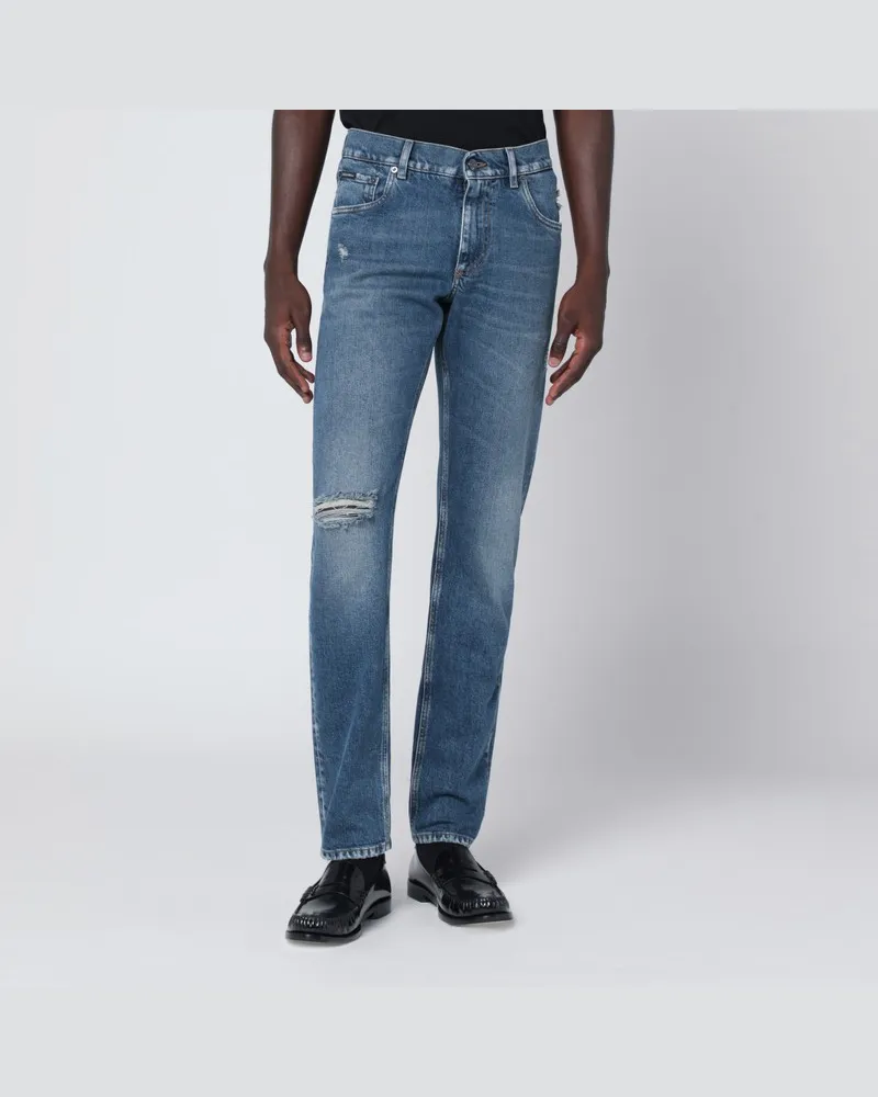 Dolce & Gabbana Schlanke blaue Jeans mit Used-Effekt Blau