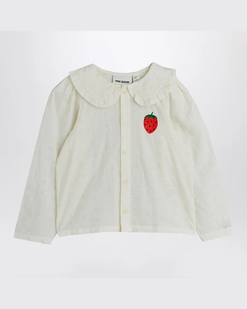 Mini Rodini Weiße Schiffli-Bluse mit gestickter Erdbeere Weiß