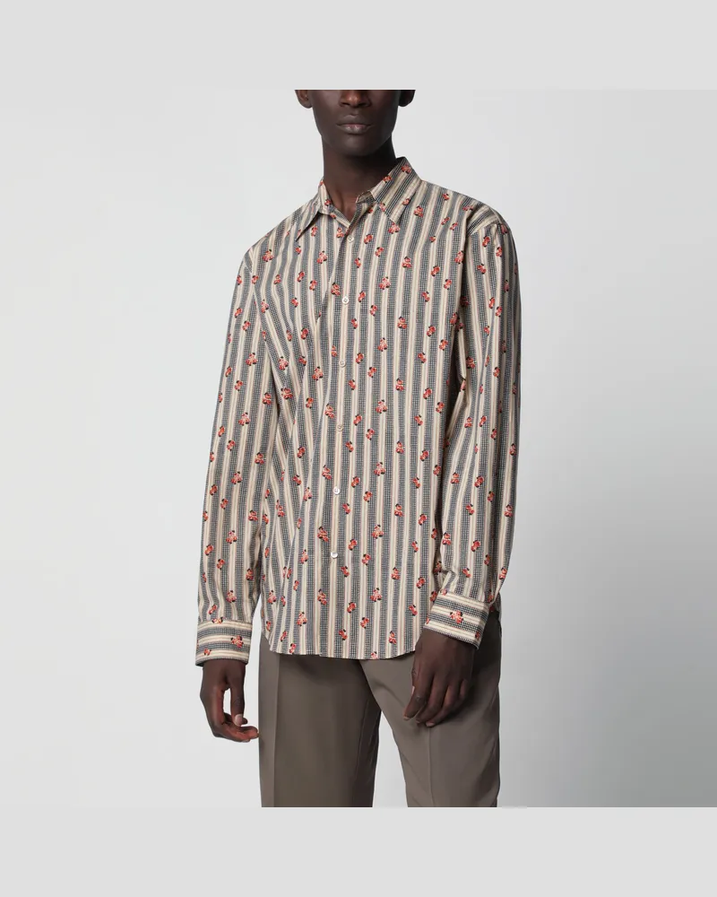 Dries van Noten Beige gestreiftes Baumwollhemd mit Blumenprint Beige
