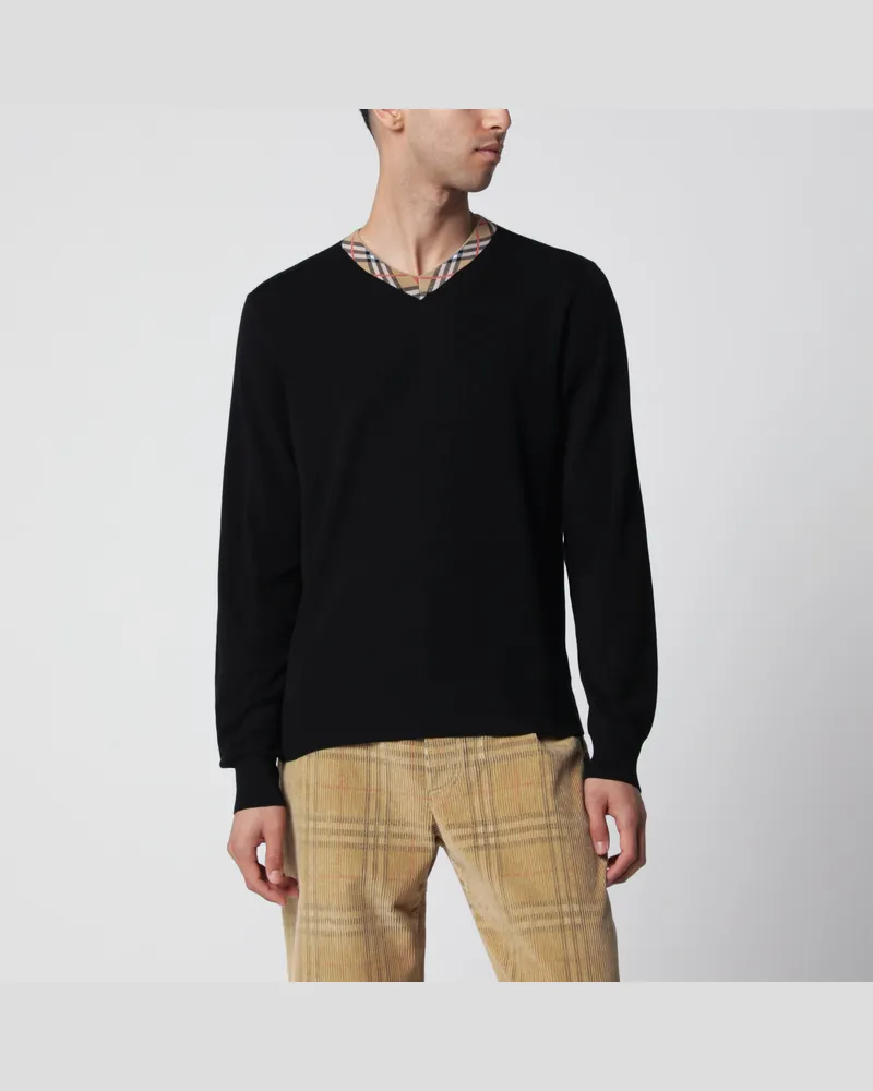 Burberry Schwarzer Wollpullover mit Check-Muster am Ausschnitt Black