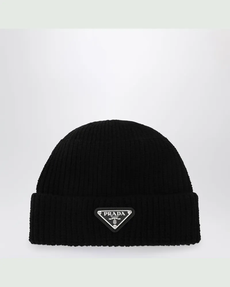 Prada Wollmütze mit Dreieckslogo Black