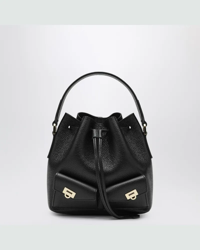Ferragamo Schwarze Bucket-Bag mit mehreren Taschen aus genarbtem Leder 