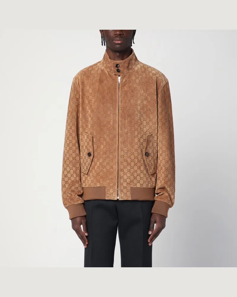 Gucci Kamelfarbene Bomberjacke aus Wildleder mit GG Braun