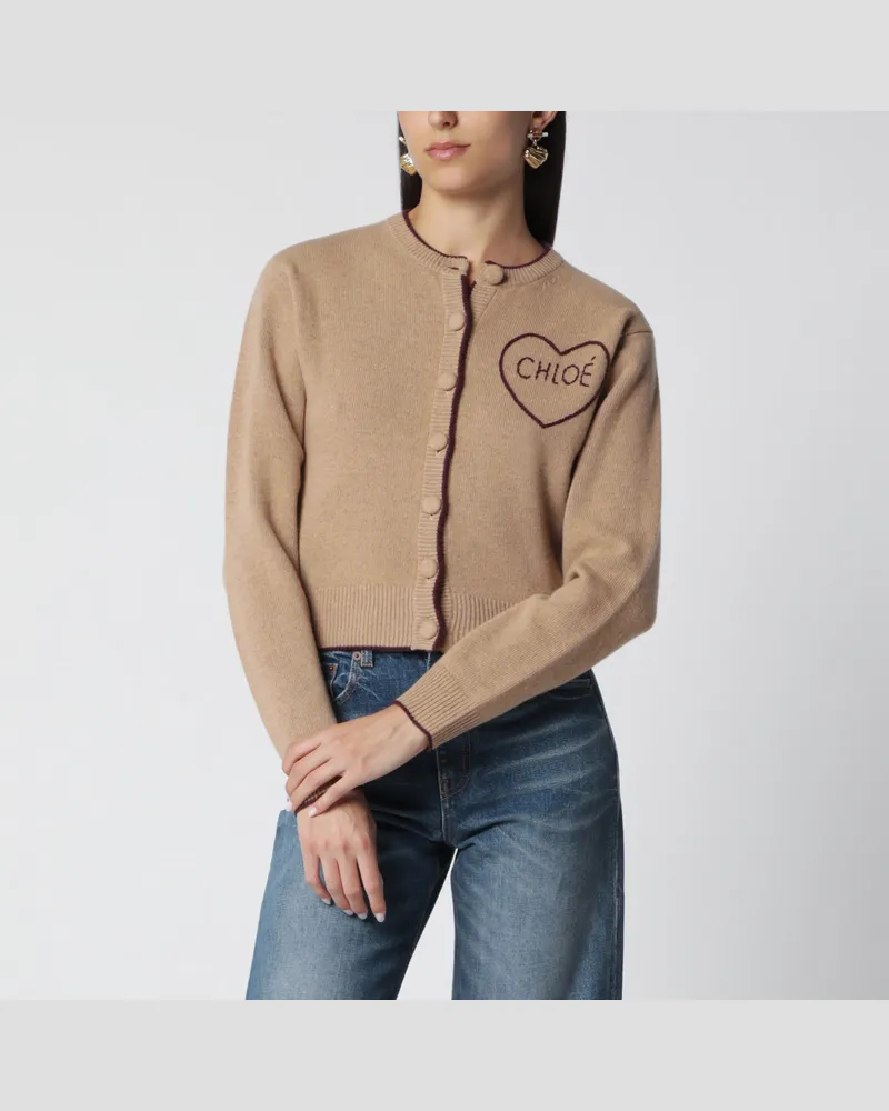 Chloé Hellbrauner Cardigan mit Logo aus Wolle und Kaschmir Brown