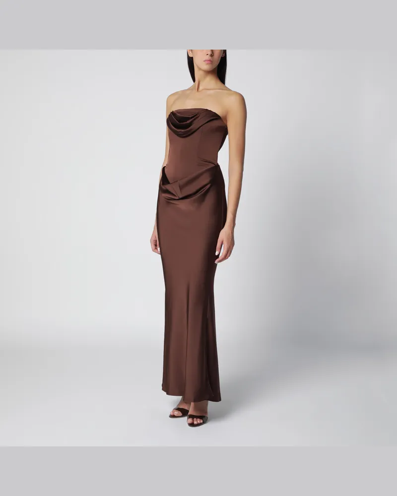 ROTATE Birger Christensen Schulterfreies Maxikleid mit braunem Oberteil Brown