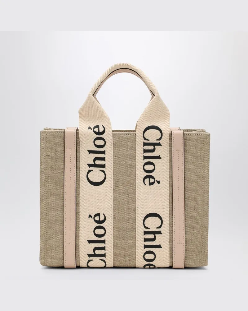 Chloé Kleine Woody-Tasche aus beigem Leinen Weiß