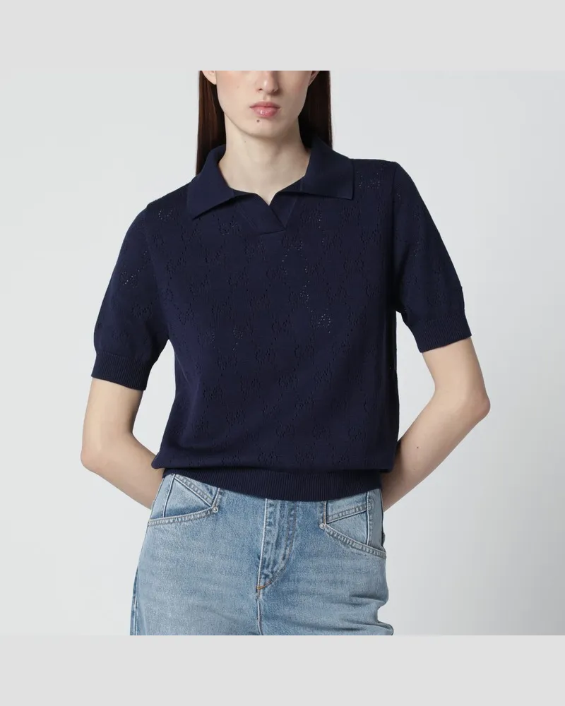 Gucci Blaues Poloshirt aus Baumwolle und Seide in Pointelle-Optik mit GG-Motiv Beige
