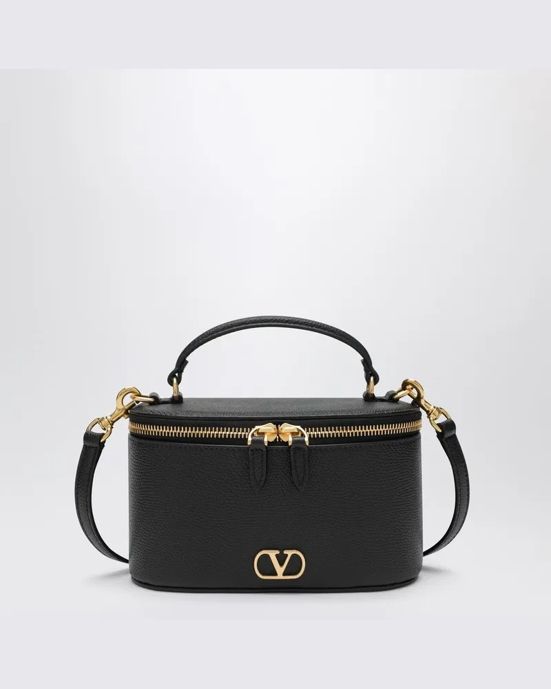 Valentino Garavani Vlogo Signature Mini Vanity Bag aus schwarzem genarbtem Kalbsleder Schwarz