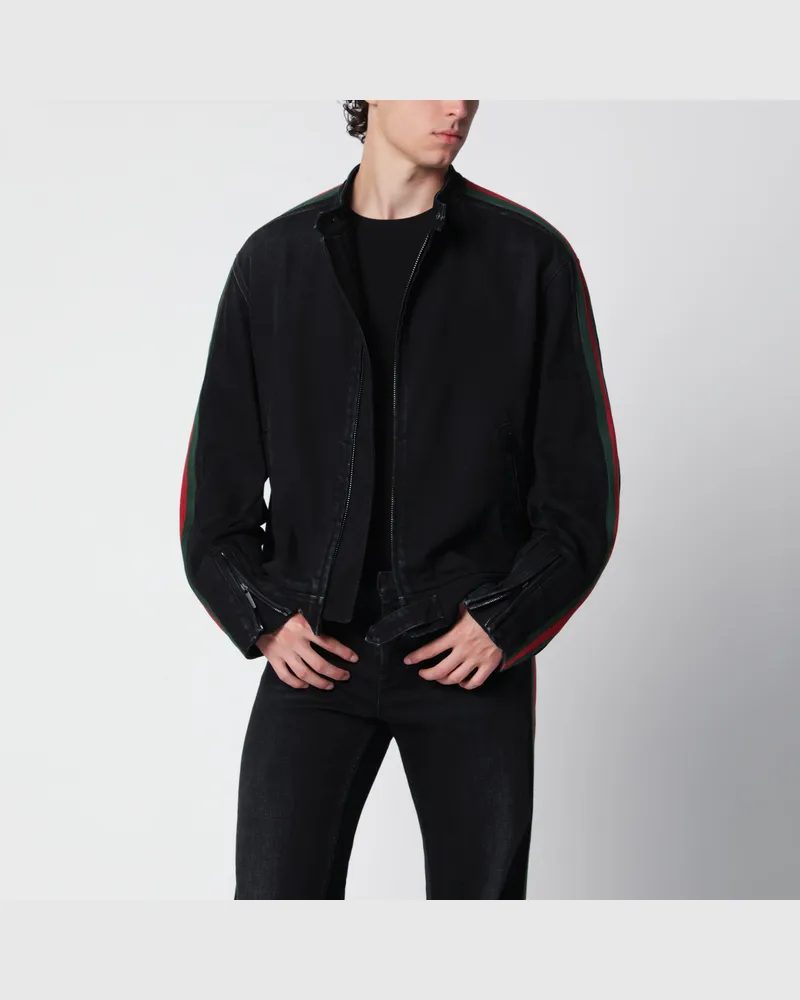 Gucci Bikerjacke aus Baumwolldenim mit Webband in Schwarz Black