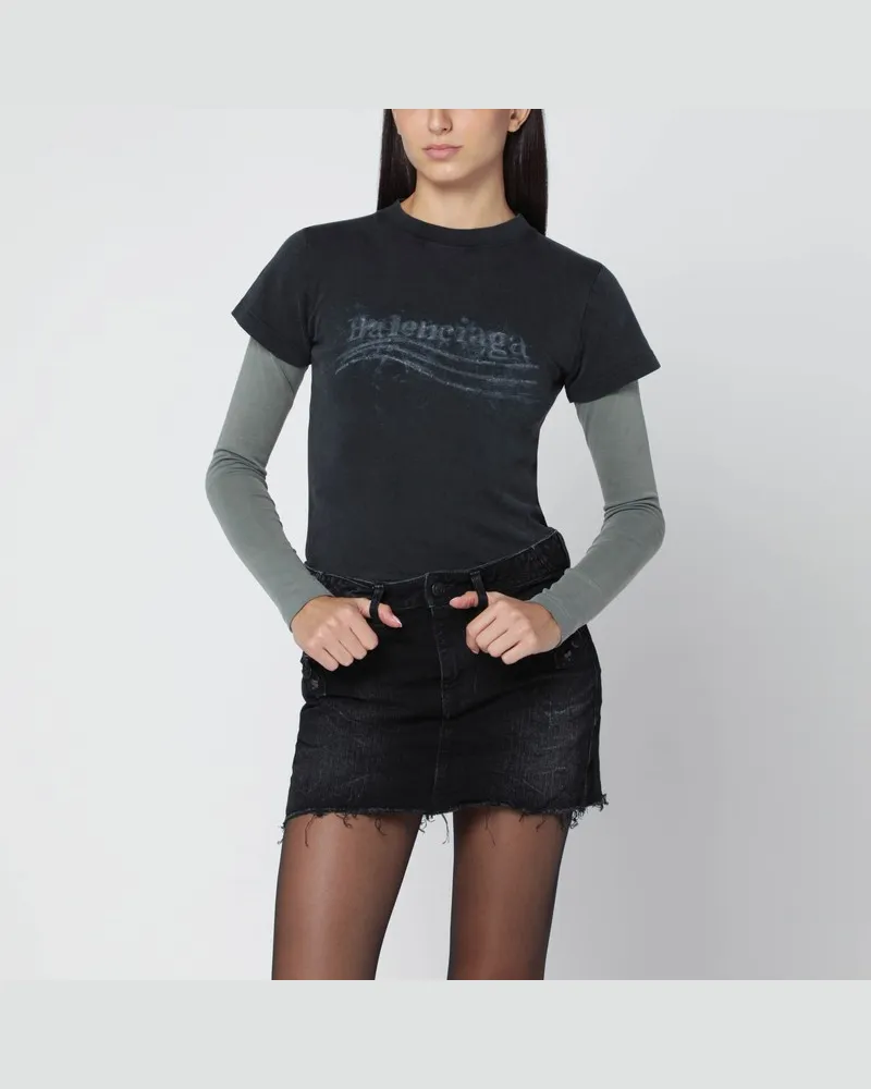 Balenciaga Verwaschenes schwarzes T-Shirt mit Doppelmantel „Washed Crayon Political Schwarz