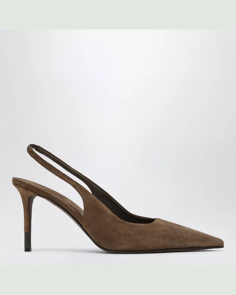 Brunello Cucinelli Slingback-Pumps in Caramello aus Veloursleder mit Monili Brown