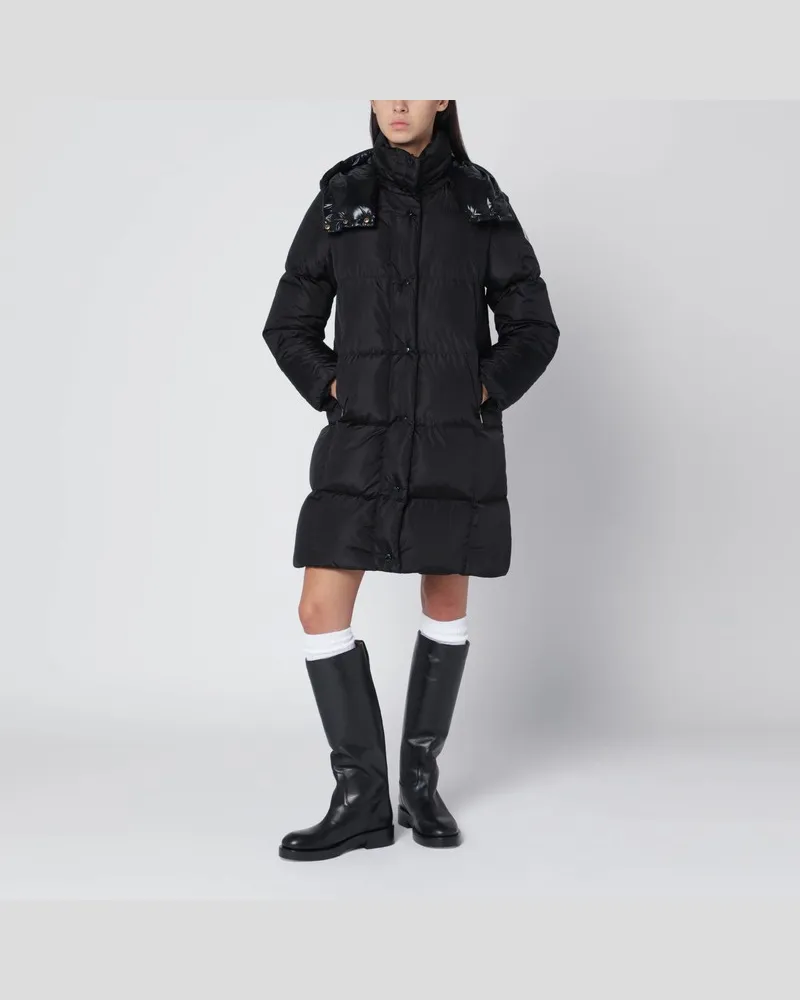 Moncler Litte langer schwarzer Steppmantel mit quadratischer Steppung Schwarz