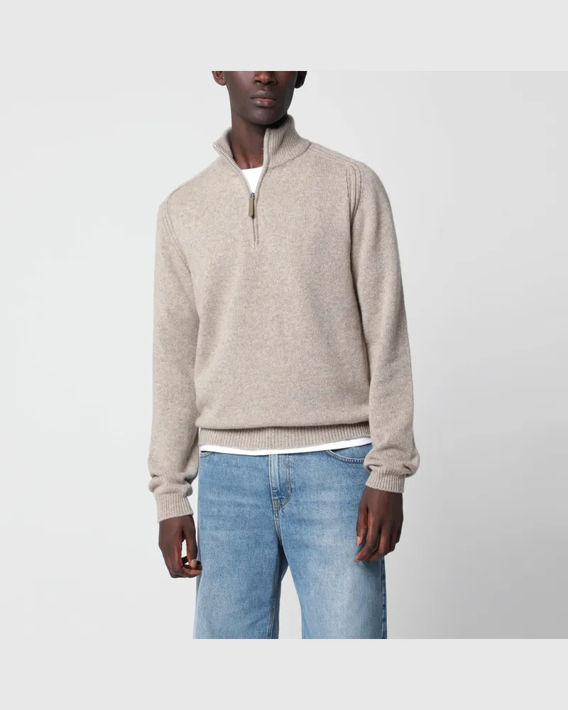 SEASE Beige melierter Kaschmirpullover mit halbem Reißverschluss Beige