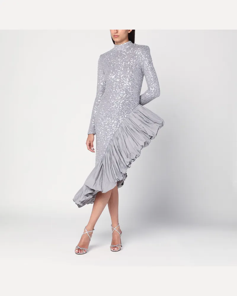 ROTATE Birger Christensen Asymmetrisches silbernes Kleid mit Pailletten Grey