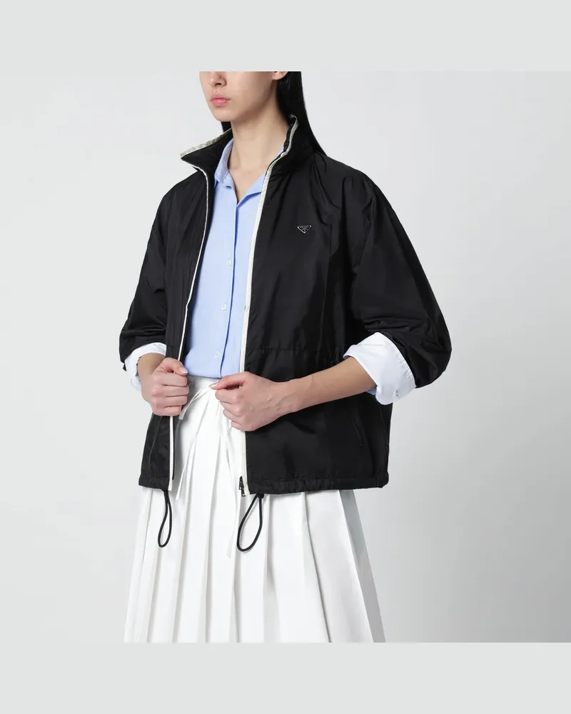 Prada Schwarzer/vanillefarbener Re-Nylon Blouson mit Reißverschluss Black