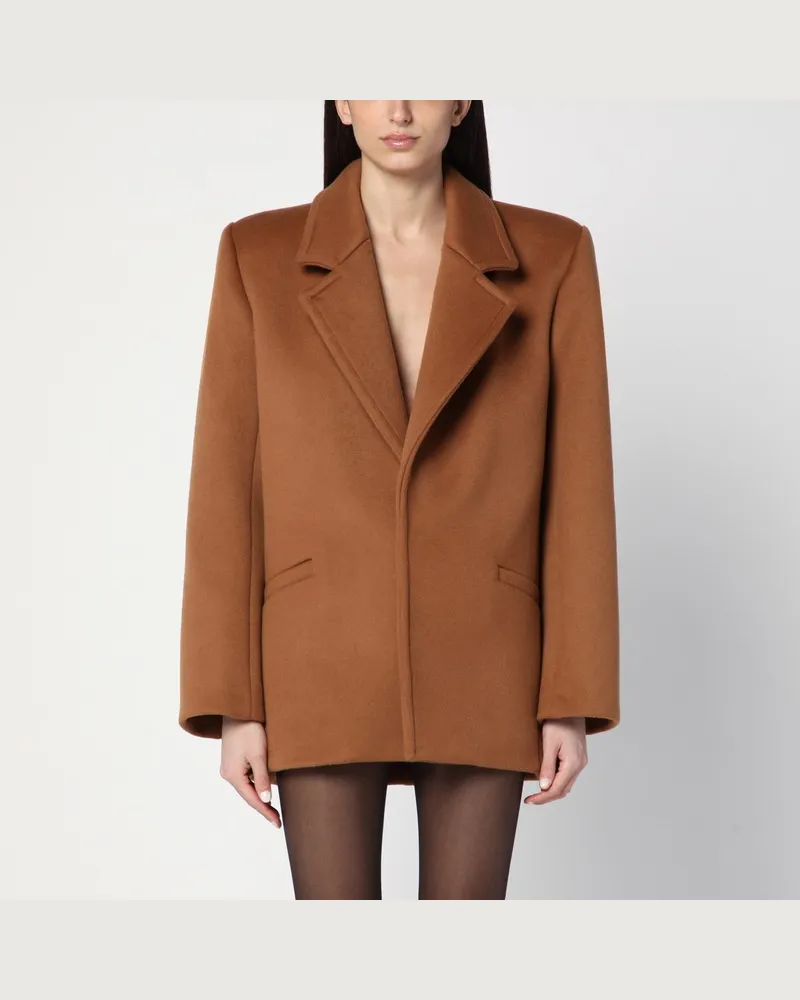 Saint Laurent Kurzer camelfarbener Mantel aus Wolle Braun