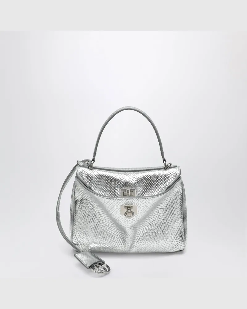 Balenciaga Mini Rodeo Tasche aus glänzendem silbernem Leder mit Python-Print Metal