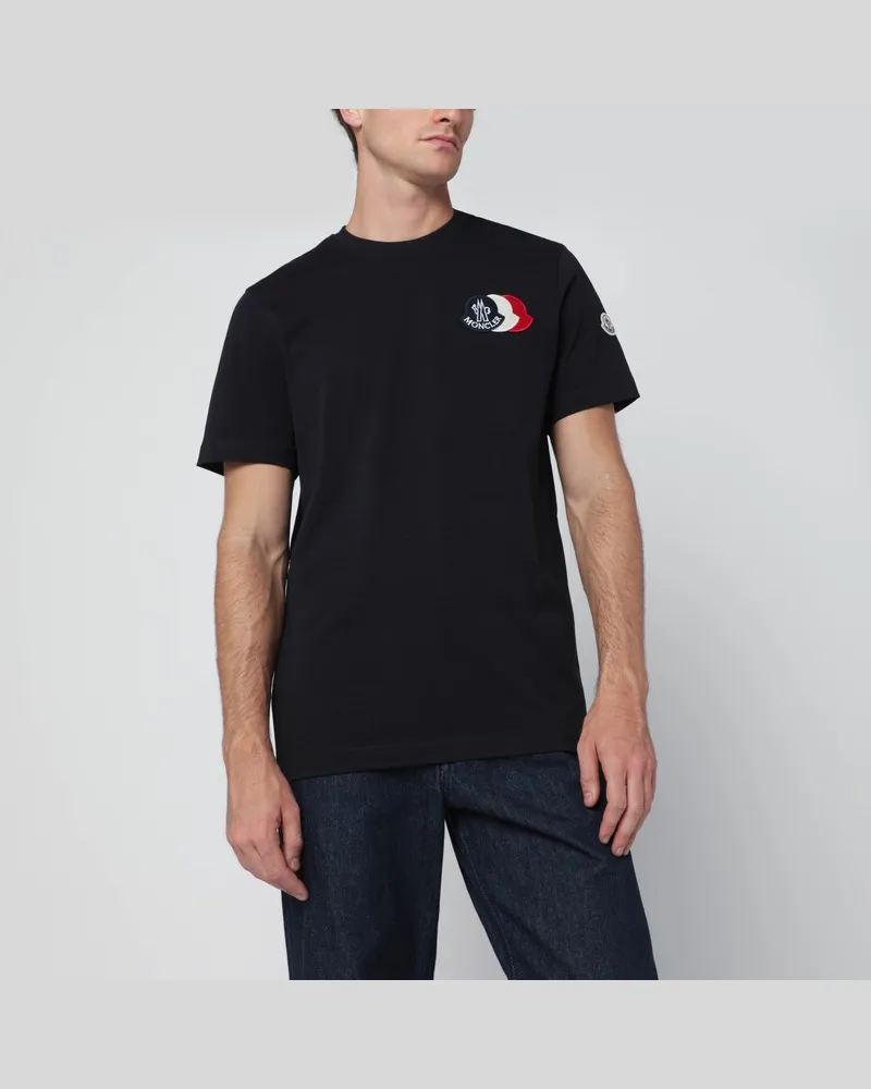 Moncler Blaues T-Shirt mit gesticktem Trikolore-Logo Blau