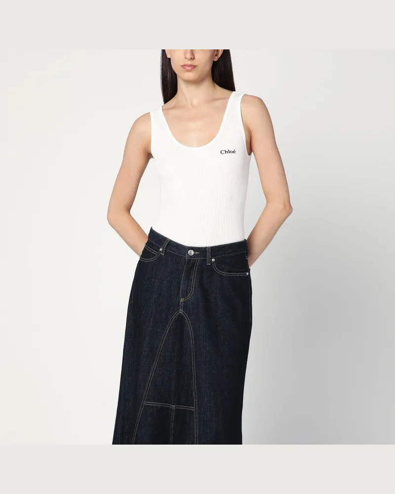 Chloé Weißes geripptes Tank-Top mit Logo Weiß