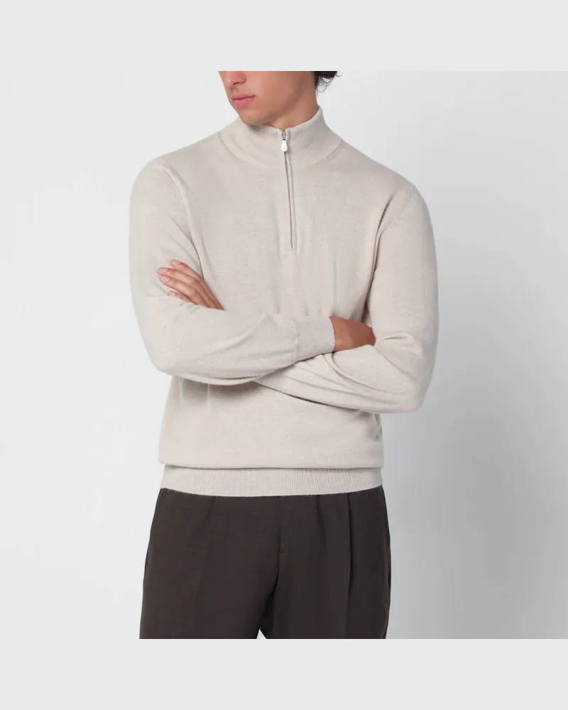 Brunello Cucinelli Sandfarbener Rollkragenpullover aus Kaschmir mit Zip Beige