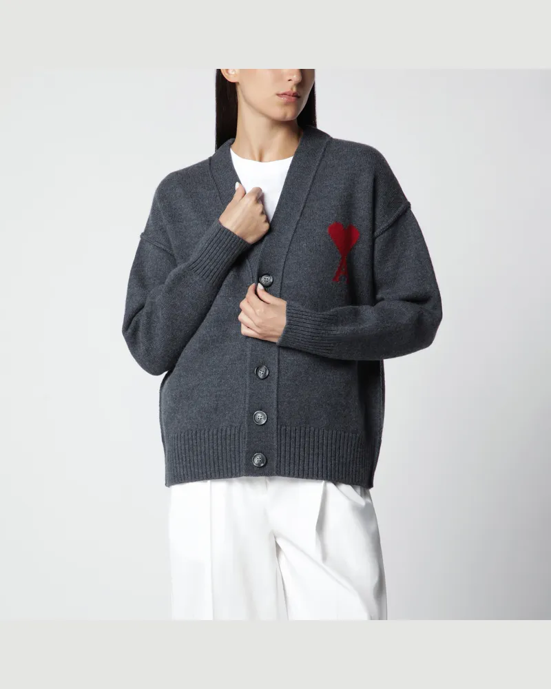 AMI Paris Ami De Coeur cardigan in grey mélange merino wool knit Grey