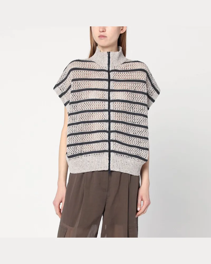 Brunello Cucinelli Gestreifte Netzstrickjacke aus Leinenmischung Beige