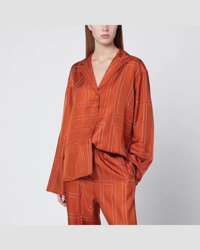 Totême Monogram pajama shirt in terracotta silk Brown
